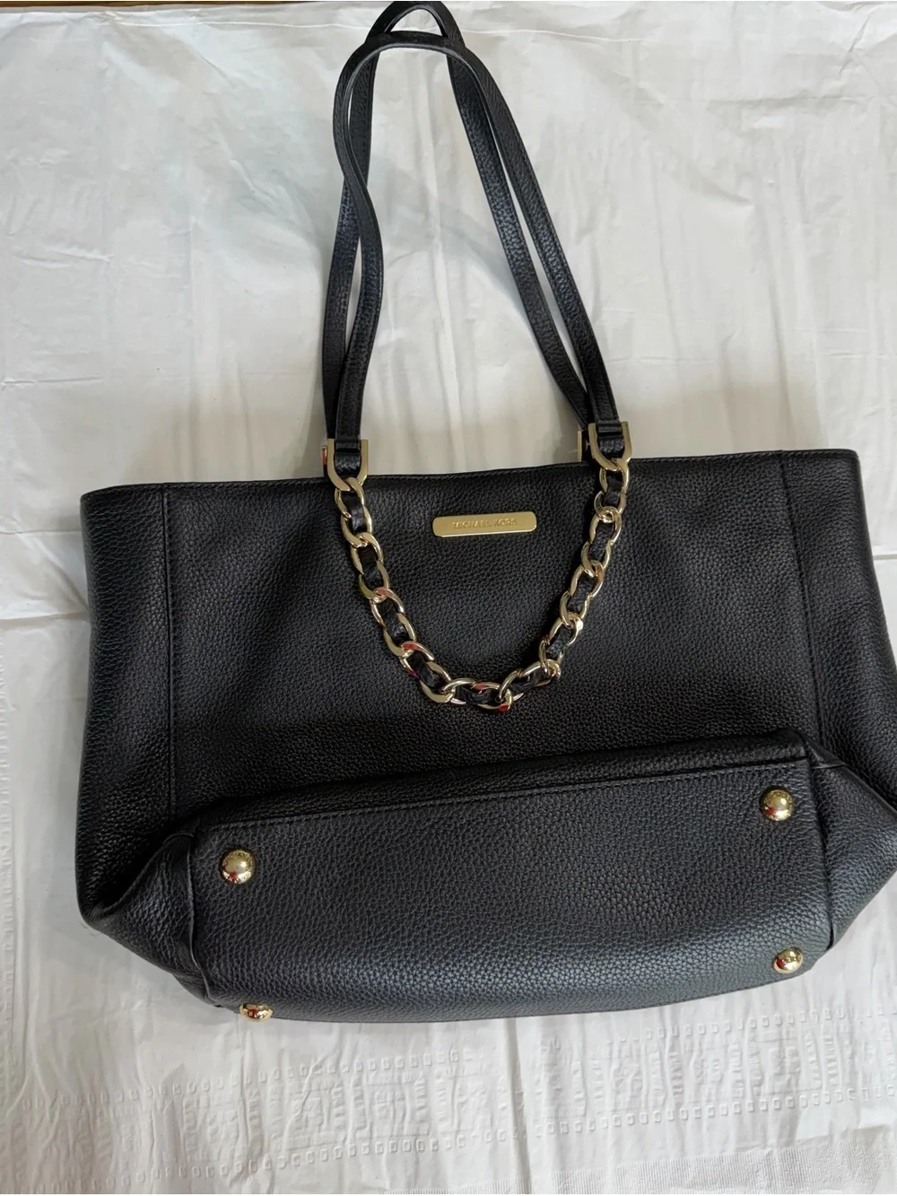 Michael Kors Black Leather Shoulder Tote with Gold Chain Detail